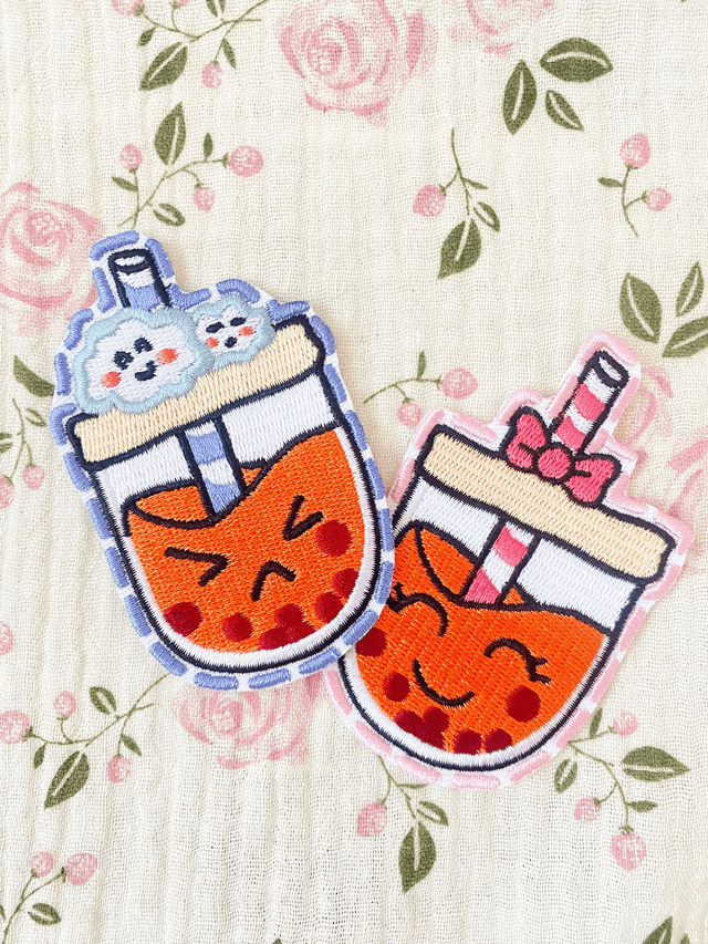 Pink bubble tea iron on patch 